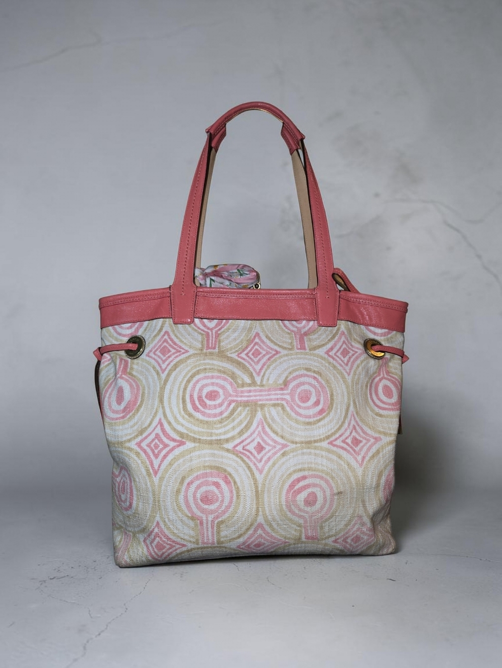Good Condition  Coach AUDREY  Pink Patterned Tote Bag with Coral Trim - Picture 2 of 9